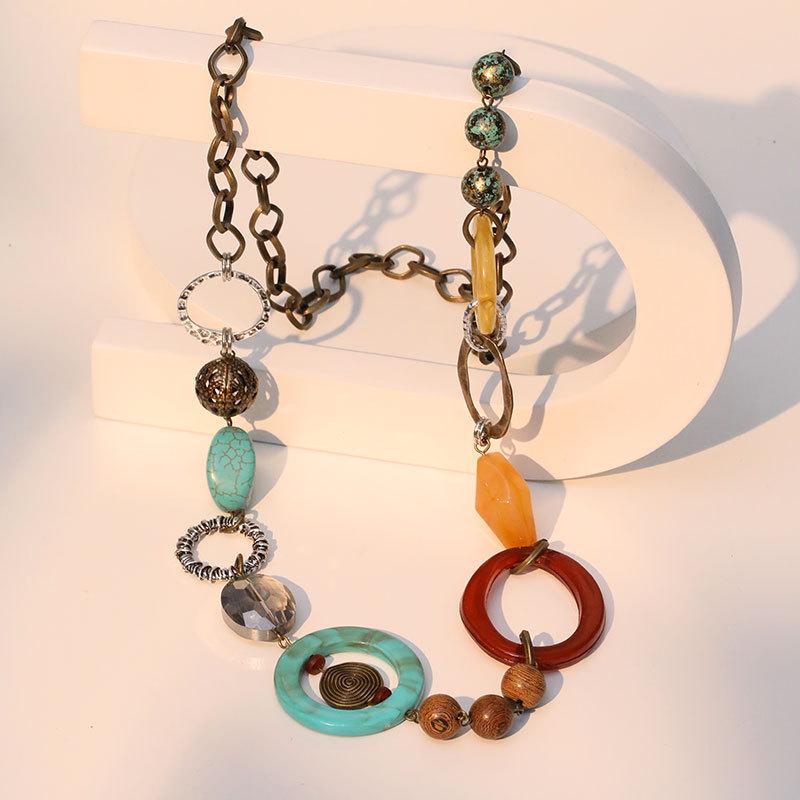 Bohemian Long Necklace with Colorful Stone & Mixed Metal Chain, Unique Pendant & Ethnic Choker Style Accessories