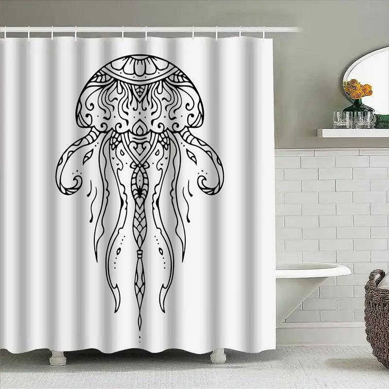 Black And White Jellyfish Shower Curtain Unique Printed Home Decor For Bathroom Size 180X240Cm