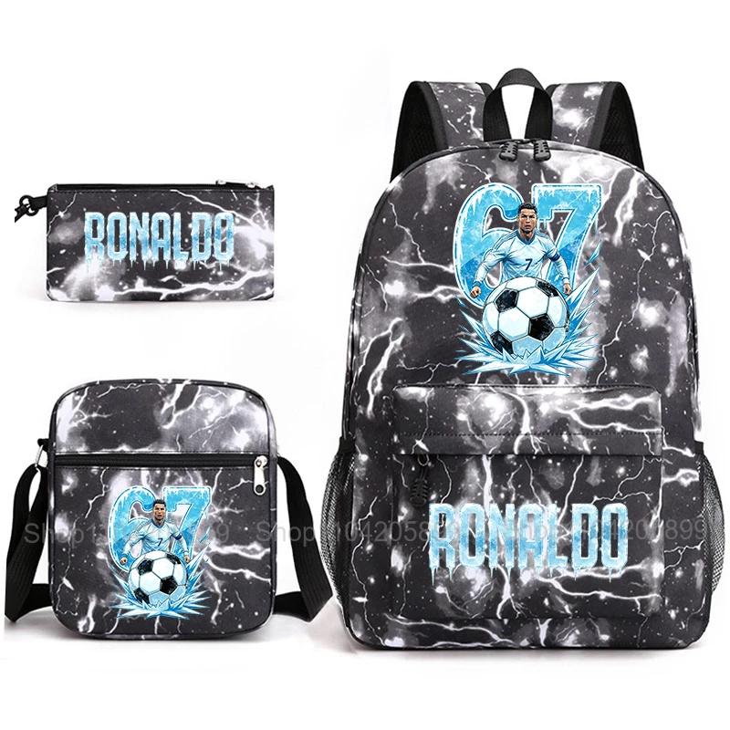 CR7 Ronaldo Backpack Football 67 Print School Bag With Shoulder Bag & Pencil Case For Student Boys Gift Daily Travel Rucksack