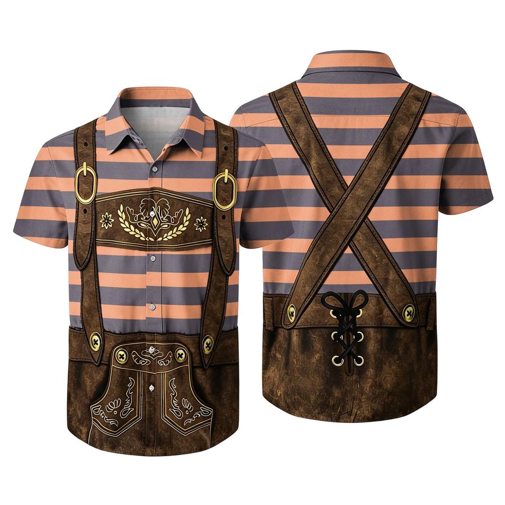 Men's Short Sleeve Button Up Shirt Oktoberfest Style Beer Festival Print Casual Loose Fit Party Shirt with Vintage Inspired Design