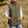 Winter Waistcoat Women Vest Coat Thickened Padded Button Closure Stand Up Collar Sleeveless Drawstring Tight Waist Solid Color Windproof Heat