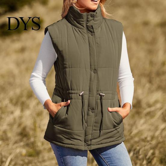 Winter Waistcoat Women Vest Coat Thickened Padded Button Closure Stand Up Collar Sleeveless Drawstring Tight Waist Solid Color Windproof Heat