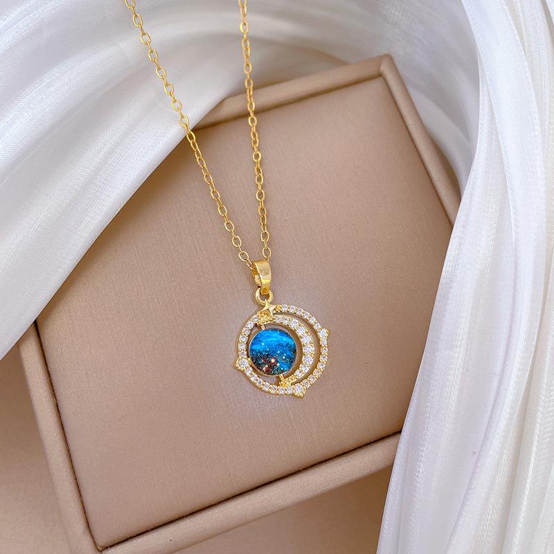 Van Gogh Oil Painting Starry Sky Fashion Light Luxury Temperament Gorgeous Full Diamond Necklace Female Versatile Collarbone Chain Titanium Steel