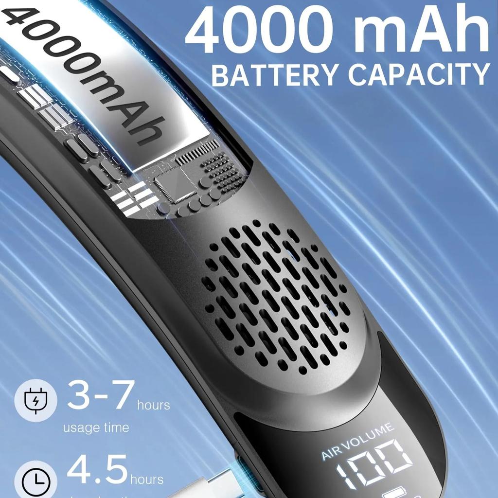 Portable Neck Fan, 4 Turbo Neck Fan, 4000 mAh Battery Operated, USB Rechargeable Personal Fan, 3 Speeds, 360° Cooling Airflow