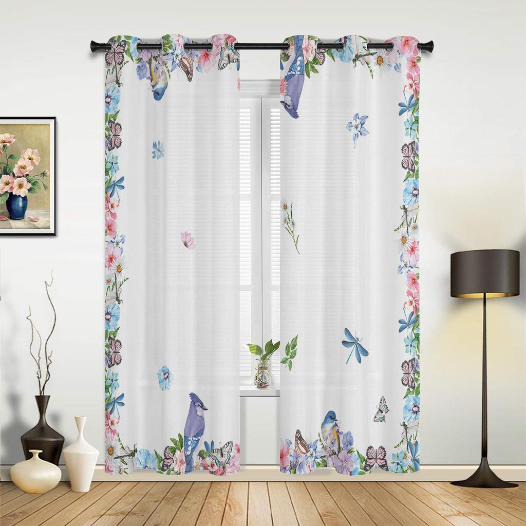 Spring Flowers Watercolor Butterfly Bird Window Curtain Living Room Valance Curtain for Bedroom Home Kitchen Decor Curtain
