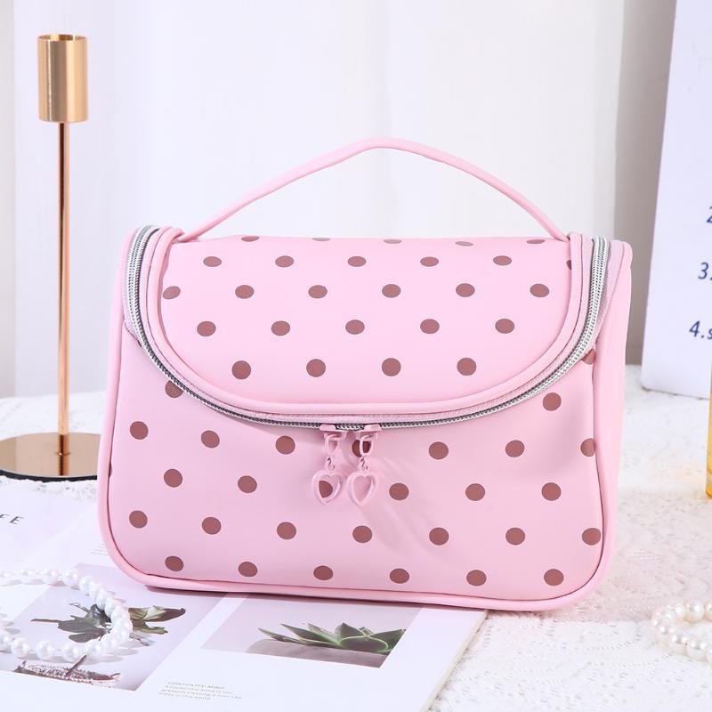 1/3Pcs Pink Polka Dot Pu Makeup Bag Set Large Capacity Sturdy Handle For Travel Daily Cosmetic Storage