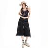 Trendy Summer Oversized Raw Black Denim Cropped Capri Shorts For Women Casual Wide Leg Loose Fit Versatile Slimming FigureFlattering Daily Wear