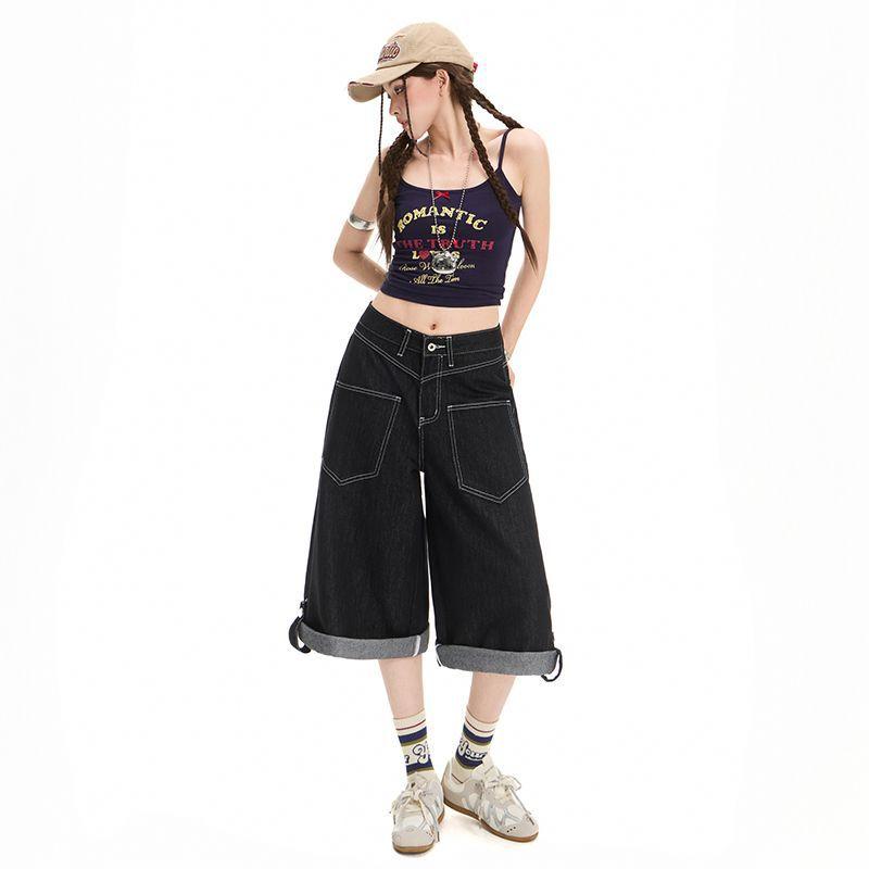 Trendy Summer Oversized Raw Black Denim Cropped Capri Shorts For Women Casual Wide Leg Loose Fit Versatile Slimming FigureFlattering Daily Wear
