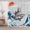 Japanese Cat Shower Curtain, Vintage Anime Sunset Wave Art, Waterproof Fabric With Hooks
