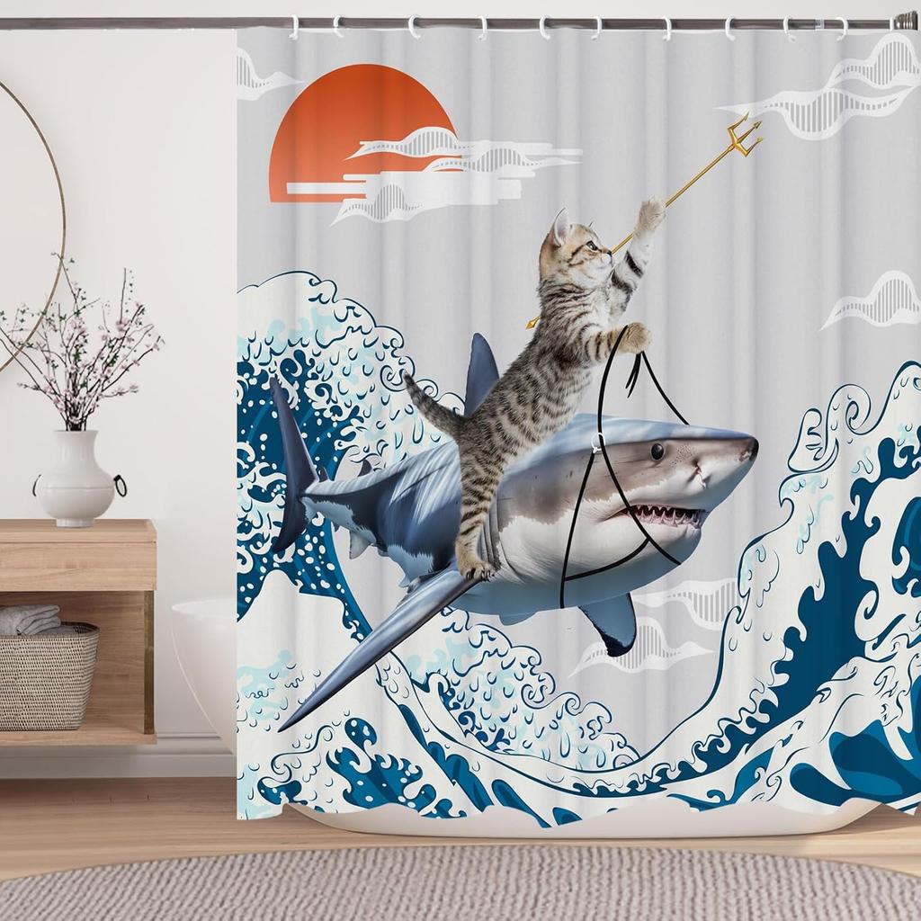 Japanese Cat Shower Curtain, Vintage Anime Sunset Wave Art, Waterproof Fabric With Hooks