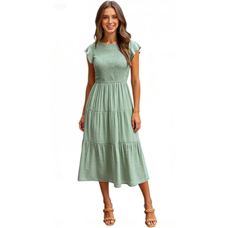 Women's Flying Sleeve Pleated Layered Short Sleeve Large-Swing Dress