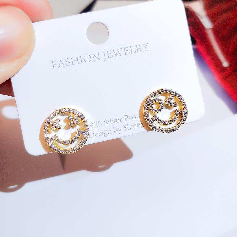 Full Diamond Smiley Earrings for Women with Sterling Silver Korean Temperament Earrings for The New Year Trendy Simple and Cold Style Earrings