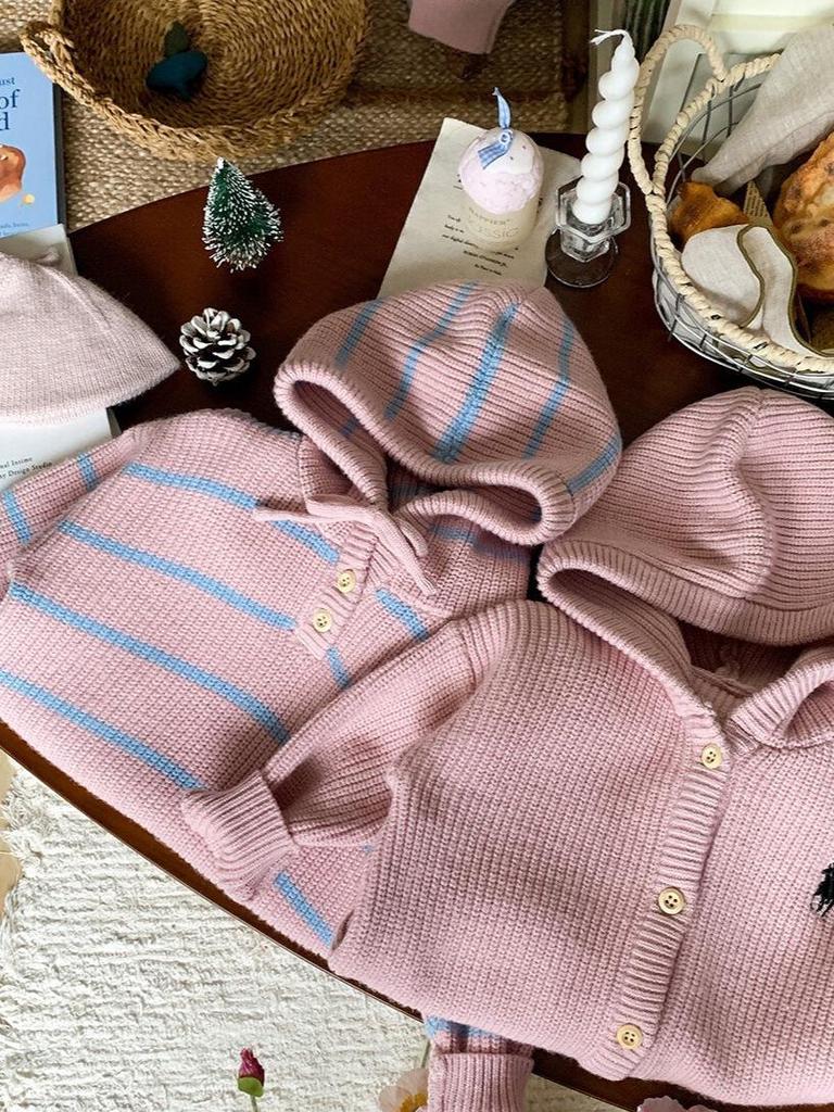 Pink Family Matching Hooded Sweater and Romper Set for Baby's First Hundred Days - Unisex Style for Boys and Girls