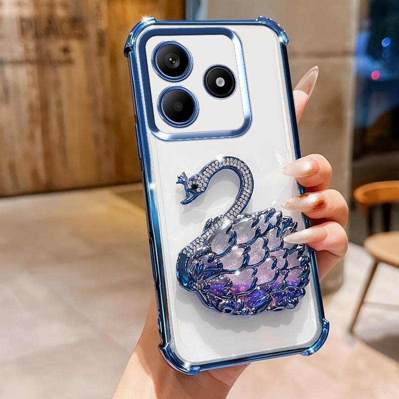 KEYSION Shockproof Plating TPU Phone Case for Remdi Note 14 4G 5G Glitter Jewelled Swan Kickstand Cover for Redmi Note 14