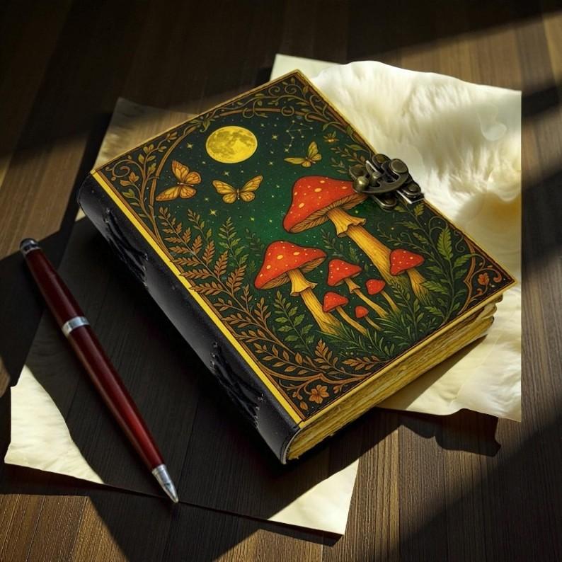 Handmade Leather Journal – Enchanted Forest Mushroom Leather Journal – Handmade Deckle Paper Notebook 5x7" 200 Page