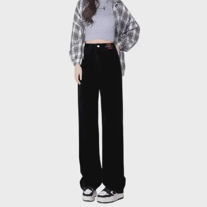 Women's Black High-Waist Wide-Leg Jeans - Floor-Length, Plush Lining, Warm, Loose Fit