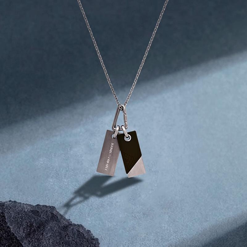 Emporio Armani Logo Series Double Tag Trendy Light Luxury Stainless Steel Necklace Men necklace Silver Black EGS3179040_NLP_NLC