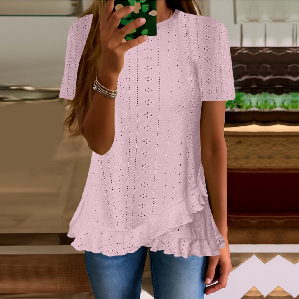 Femei vară top evazabil mânecă scurtă O-gât cămașă lejeră croială primăvară modă casual haine