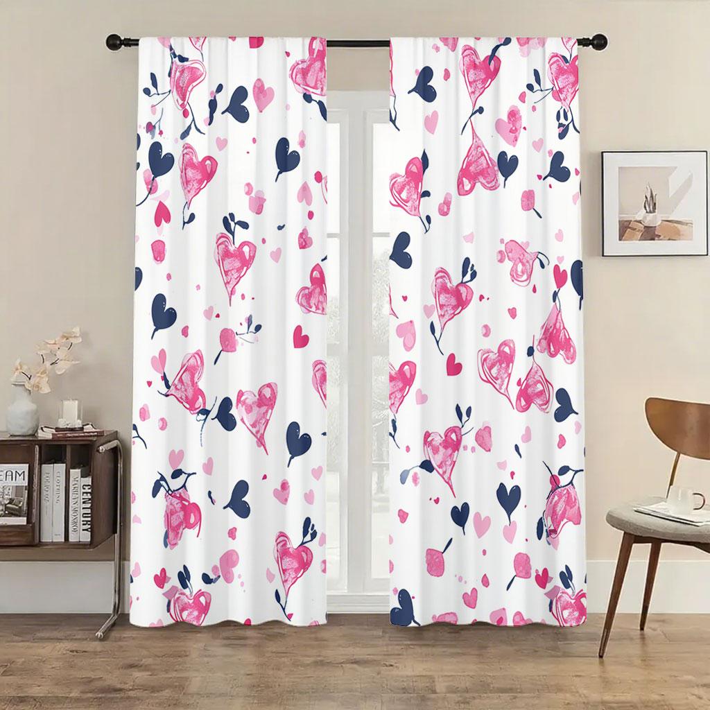 

Set Of 2 Artistic White Blue Heart Shaped Curtains Fresh Bedroom Living Room Decorative Drawbar Pockets Curtain For Great Made Polyester W100*H70(CM)-Grommet top&1PCS