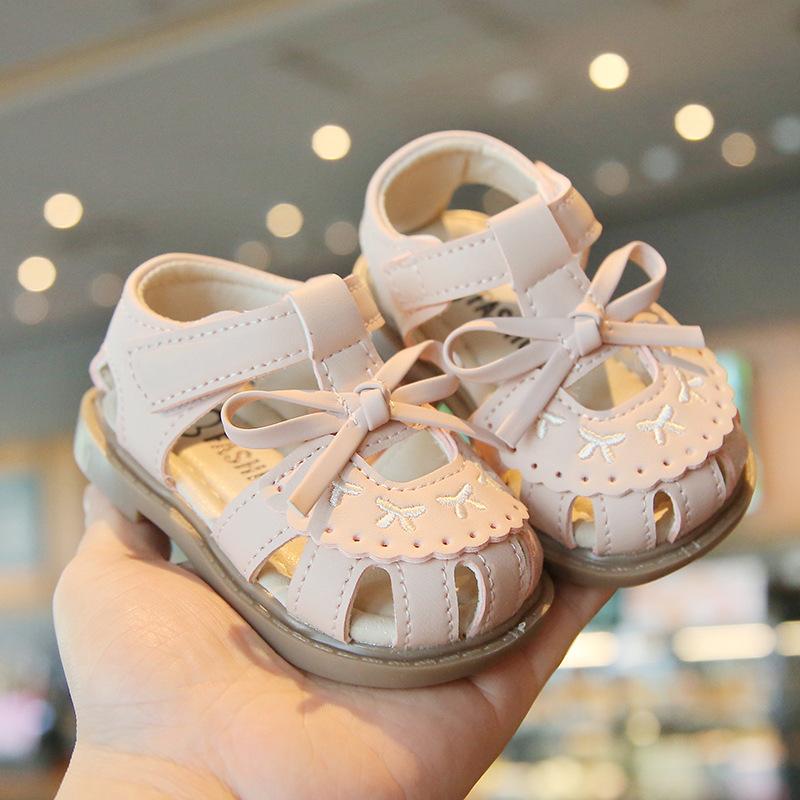 Girls Beach Shoes Simple Bows T-strap Baby Walking Shoes Soft Sole Non-slip 2025 Summer New Toddler Sandals Hollowed-out Trendy