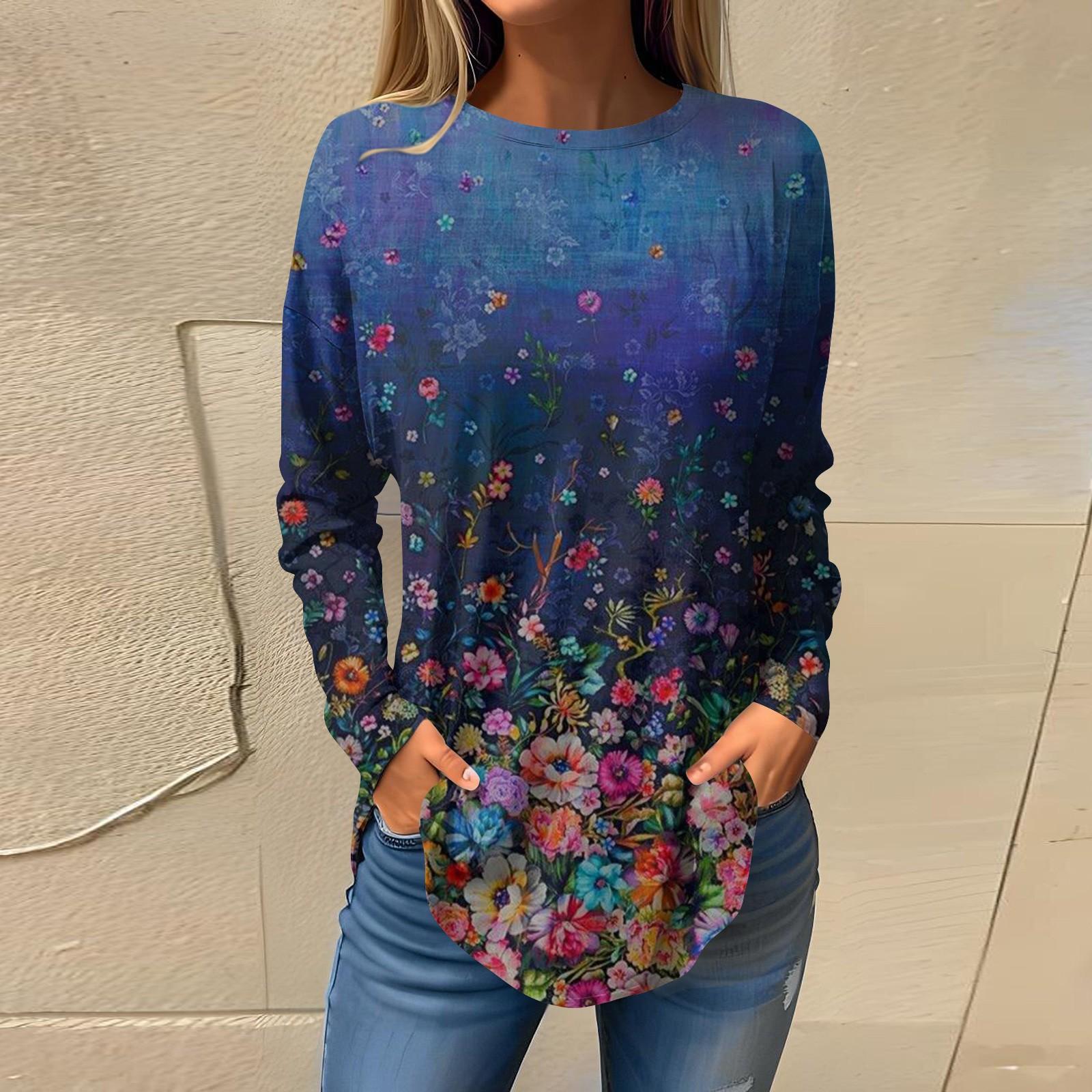 

Tee Shirts For Women Fall Casual Long Sleeve Shirts Sweatshirt Retro Printing Top Pullover XXL