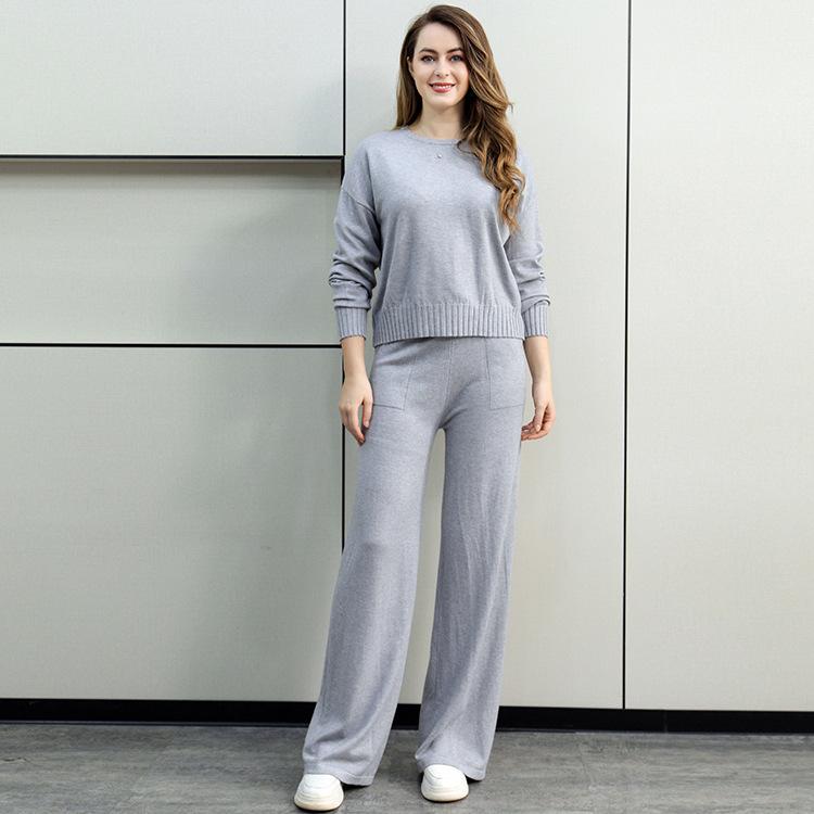 Set de pulover 2 piese ocazional pentru femei Pulover tricotat Top Pantaloni largi Seturi asortate pentru lounge Trening Toamna Iarna Tinute de calatorie Trening pentru femei