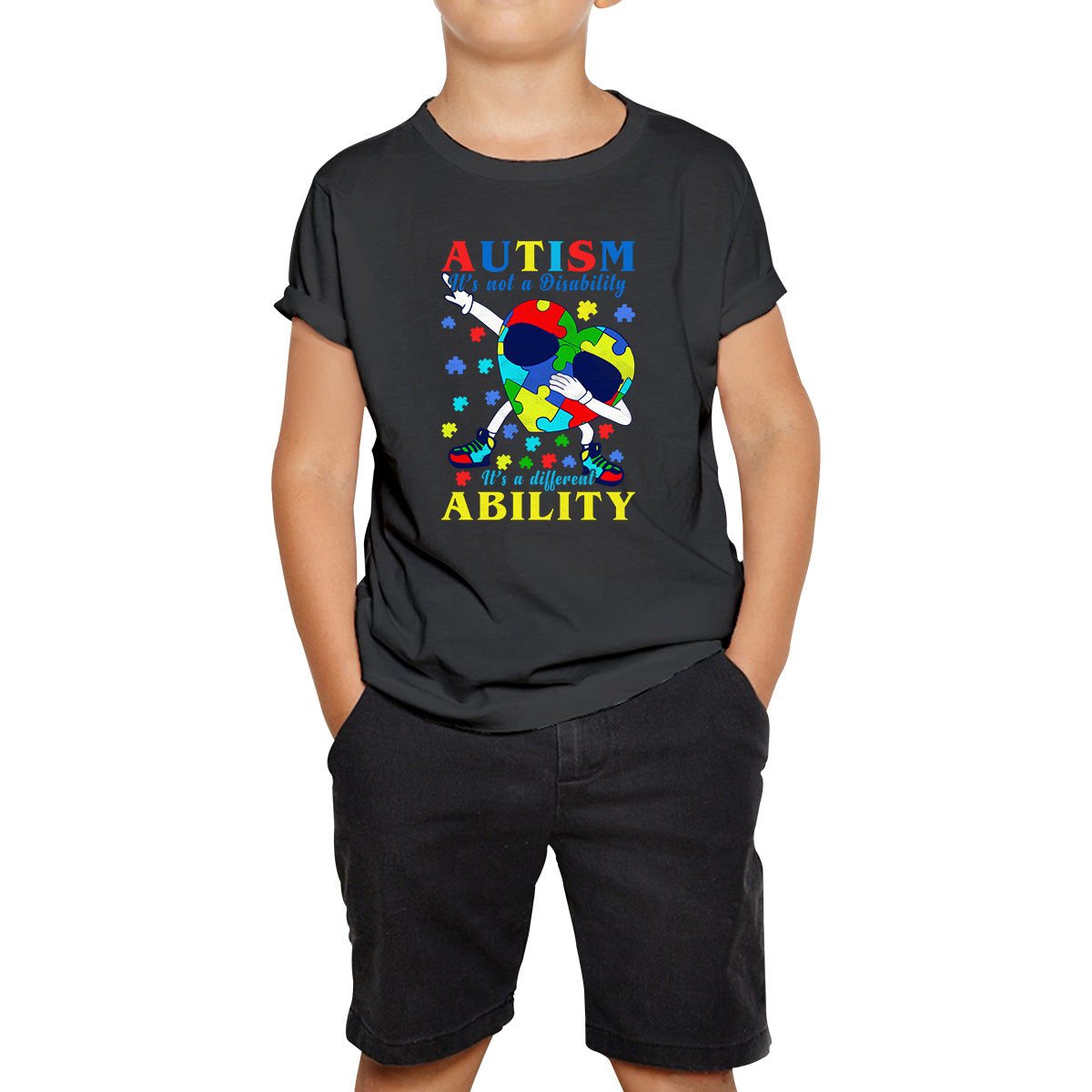 Autism It s Not A Disability Dabbing Autism Heart With Glasses Autism Awareness Puzzle Piece Dab Dance Kids T Shirt 110