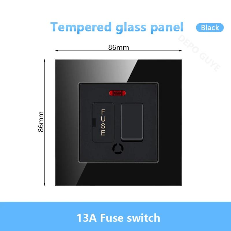 86 Type UK 13A Switch With Fuse Electrical Switch Light Spurs Neon Black White Grey Tempered glass Fuse 13A Wall Switch Panel