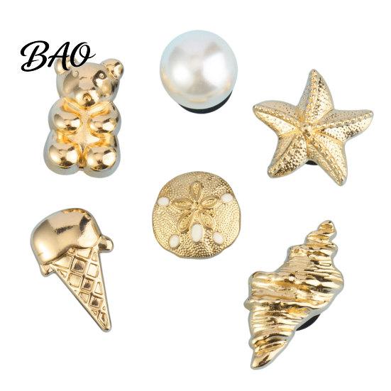 Gold Finish Shoe Charms 6Pcs/Set Gold-Tone Charms, Summer Ice Cream Shell Starfish Clog Accessories for Clogs Women Girls Beach Footwear Decor