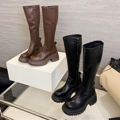 Fashion Brown Long Knee Women's Boots Soft Leather Chunky Heel Chunky Platform Boots Side Zipper Design 2026 Autumn Fashion Botas Largas