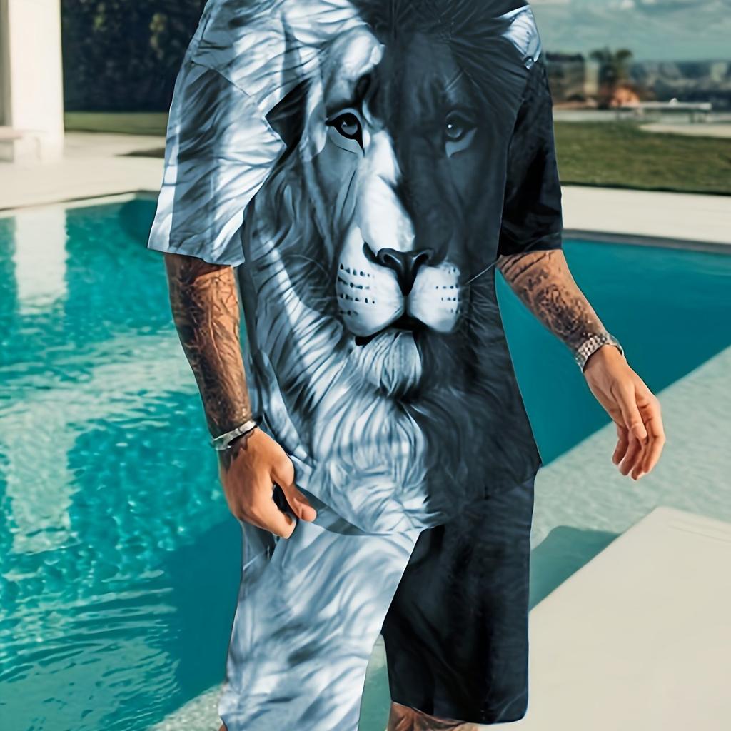 2PCS Plus Size Men's Summer Casual Suit Color Block Lion Print Short Sleeve T Shirt And Track Shorts Set Holiday Lounge Beach Sports Suit