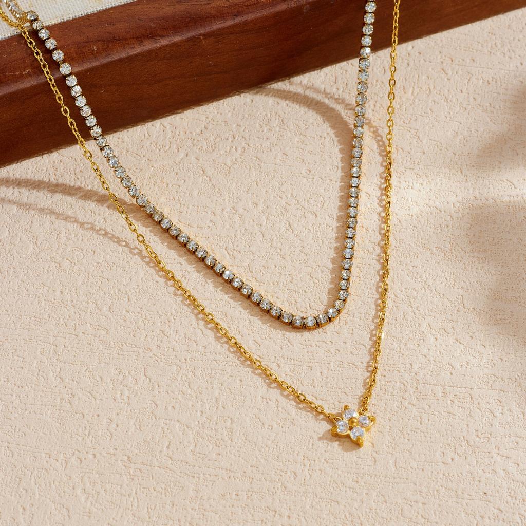 DIEYURO 316L Stainless Steel Elegant Trend Zircon Flower Double-layer Rhinestones Necklace Women Non-fading Neck Chain Jewelry