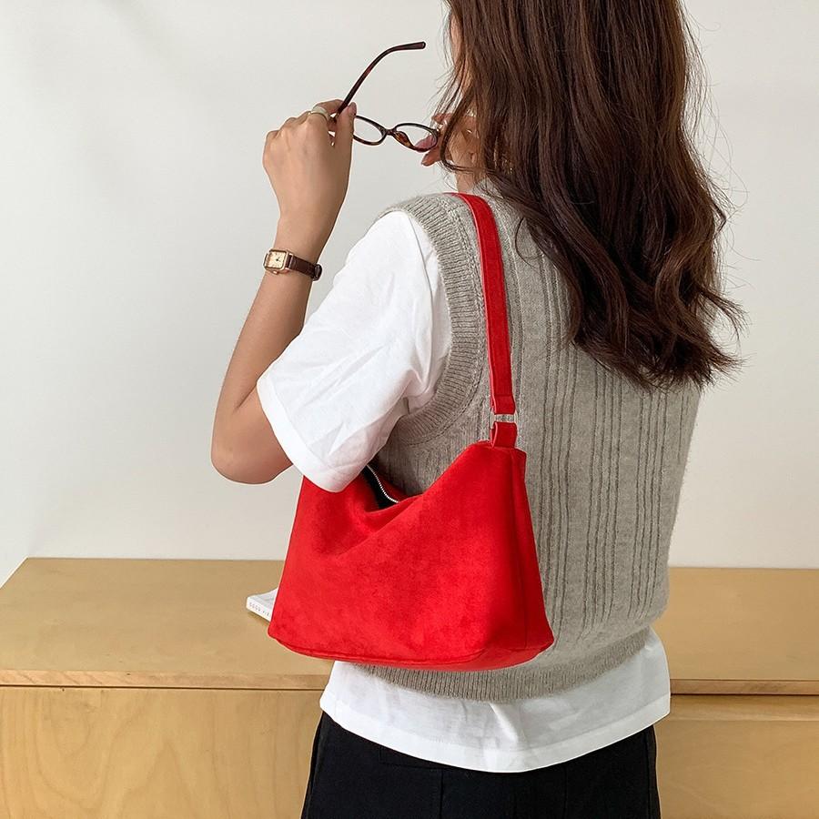 Korean Daily Commuter Pure Color Suede Handbag Casual High-end Single-shoulder Small Square Bag