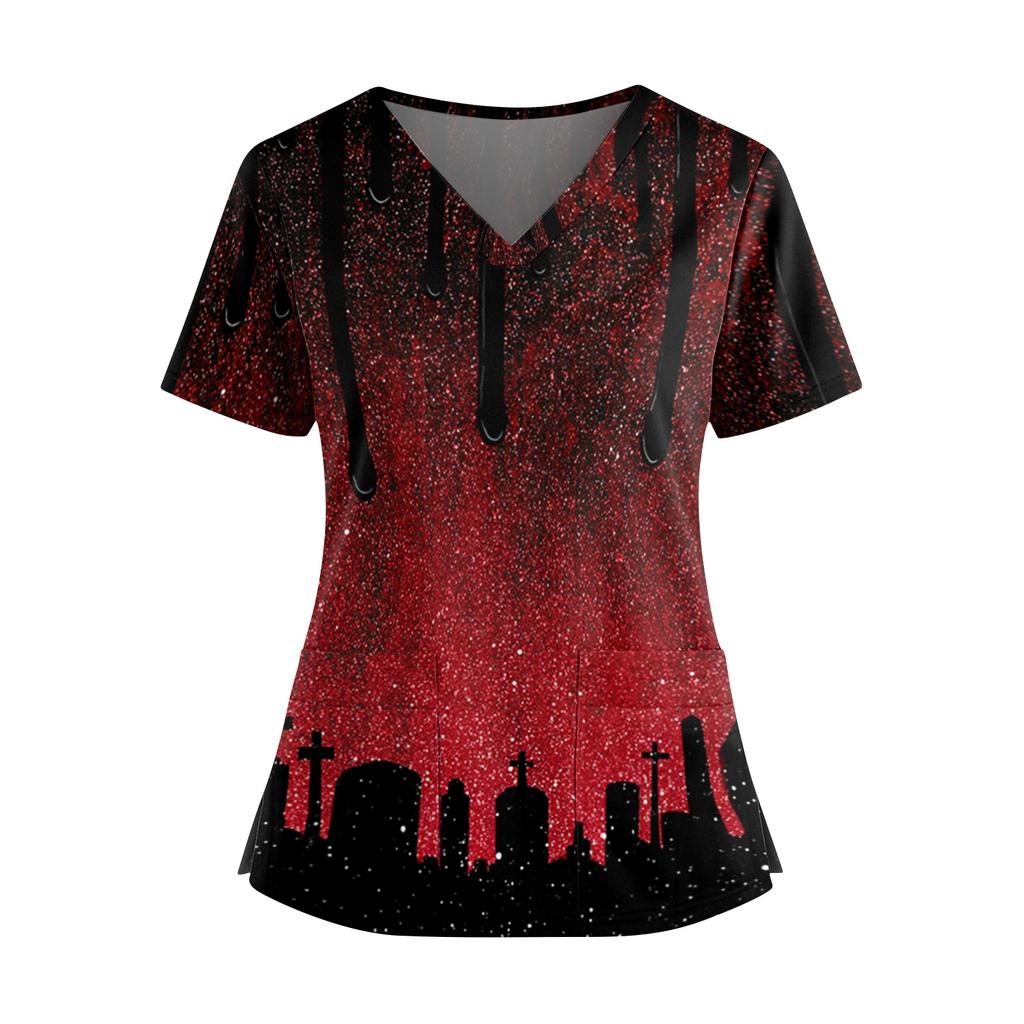 Halloween Print V Neck Short Sleeve Nurse Top with Double Pockets and Side Slits Medical Scrub Shirt for Healthcare Workers