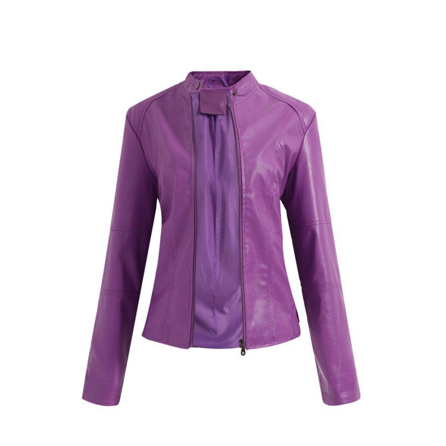 European Women's Slim Fit Leather Jacket Stand Collar Elegant Motorcycle Coat Plus Size