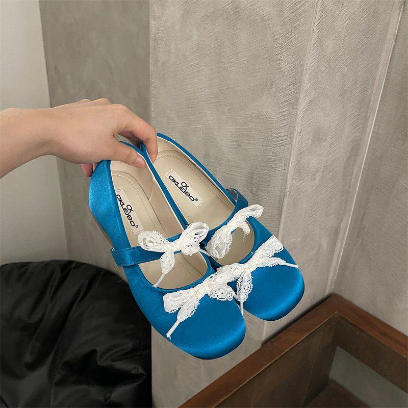 

French gentle satin lace bow Mary Jane shoes women s heightening single shoes 2025 new shallow mouth ballet shoes 40 озеро синий