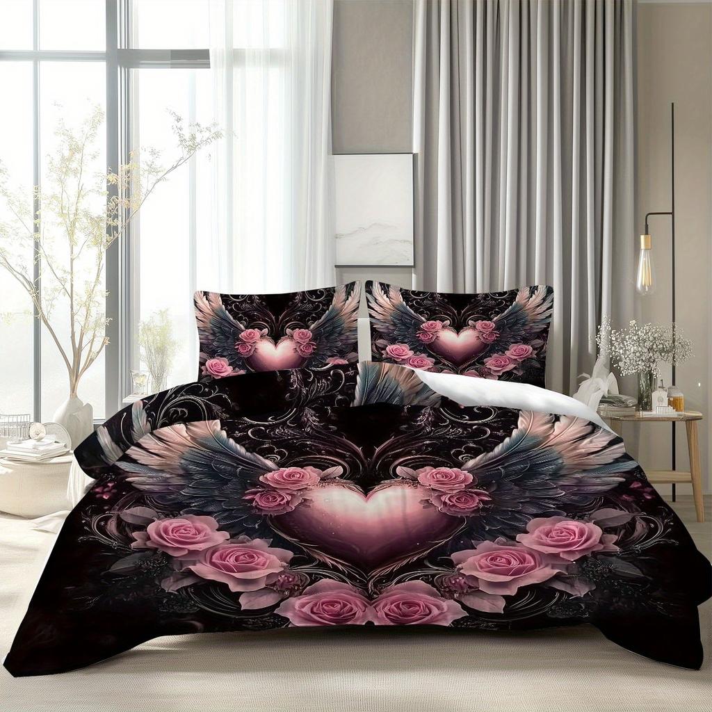 3Pcs Angel Wings And Roses Bedding Set, 1 Duvet Cover + 2 Pillowcases, Featuring A Heart-Shaped Design With Angel Wings
