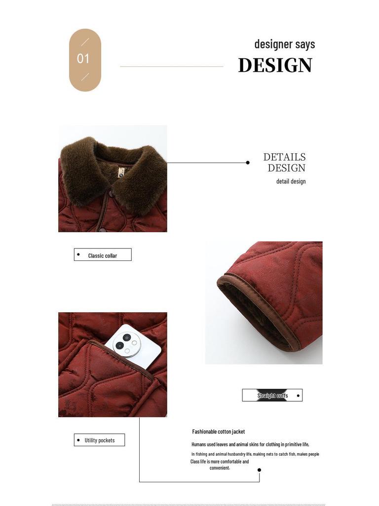 Stylish Floral Velvet-Enhanced Cotton Jacket for Middle-Aged Women - Short, Warm Autumn/Winter Wear for 50+.