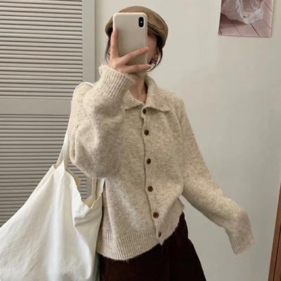 Damen Plüschpullover Mantel Stehkragen Langarm Locker geschnittenes Design Strickpullover Knopfverschluss Strickware