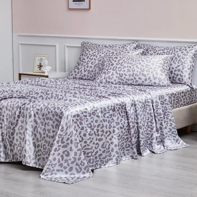 Leopard Print Fitted Sheet Set Queen High-end Satin Fabric Fitted Sheet Flat Sheet Pillowcase Bed Sheets Set King Bedsheet Sets