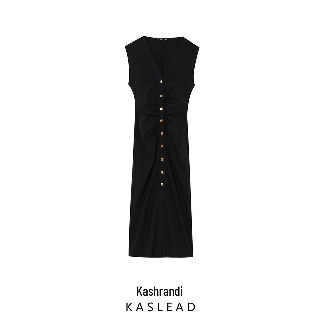 

2025 Spring Women s European & American Style V-Neck Midi Dress with Pleated Design Medium чорний
