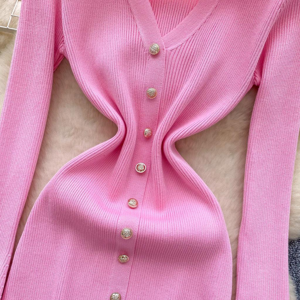 Elegant Knitted Dress for Women Autumn New Ruffle Edge V-neck Slim Long Sleeve Mid Length Ladies Evening Dresses Knitted Sweater