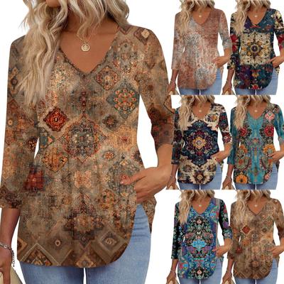 Women's T Shirt Print 3/4 Sleeve Fashion Basic V- Neck Regular Top