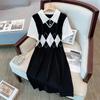 2026 Summer Short Sleeve Knit Dress: Women’s POLO Collar Plaid Two-Piece Design