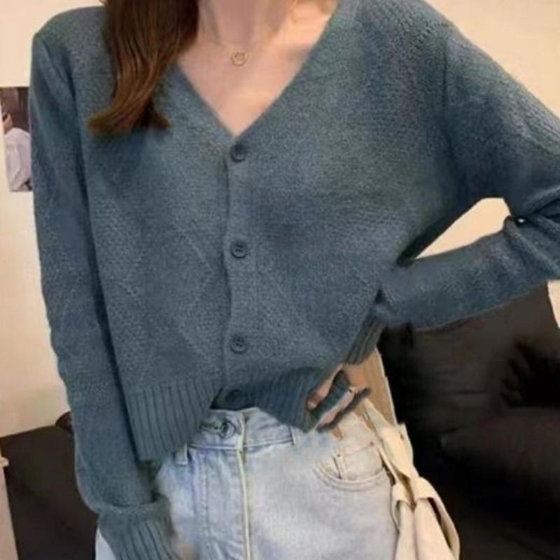 Autumn and winter new loose simple versatile knitted cardigan women's soft waxy v-neck thin long-sleeved sweater jacket trendy