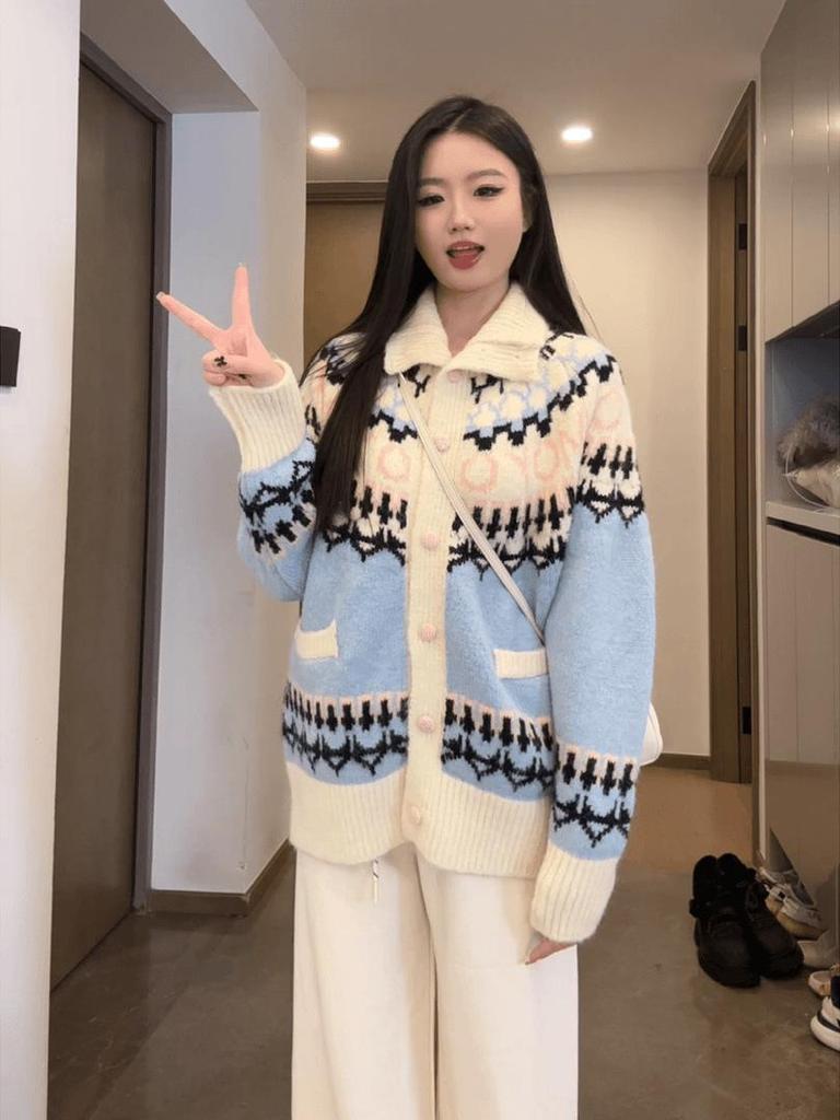 2024 Women's Fair Isle Jacquard Cardigan: Cozy Turn-Down Collar, Loose Fit for Autumn/Winter