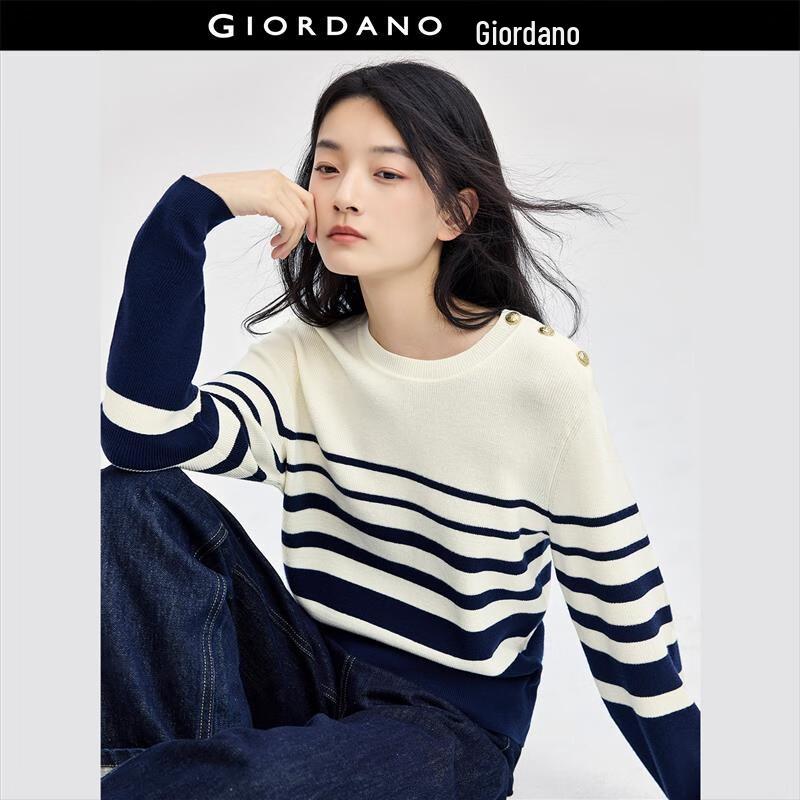GIORDANO Women's Retro Striped Knit Sweater with Shoulder Buttons