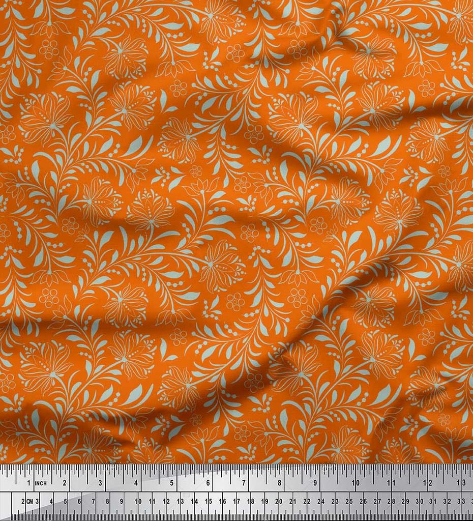Soimoi Orange Japan Crepe Satin Fabric Artistic Leaf & Floral Print Fabric by the metre 42 Inch