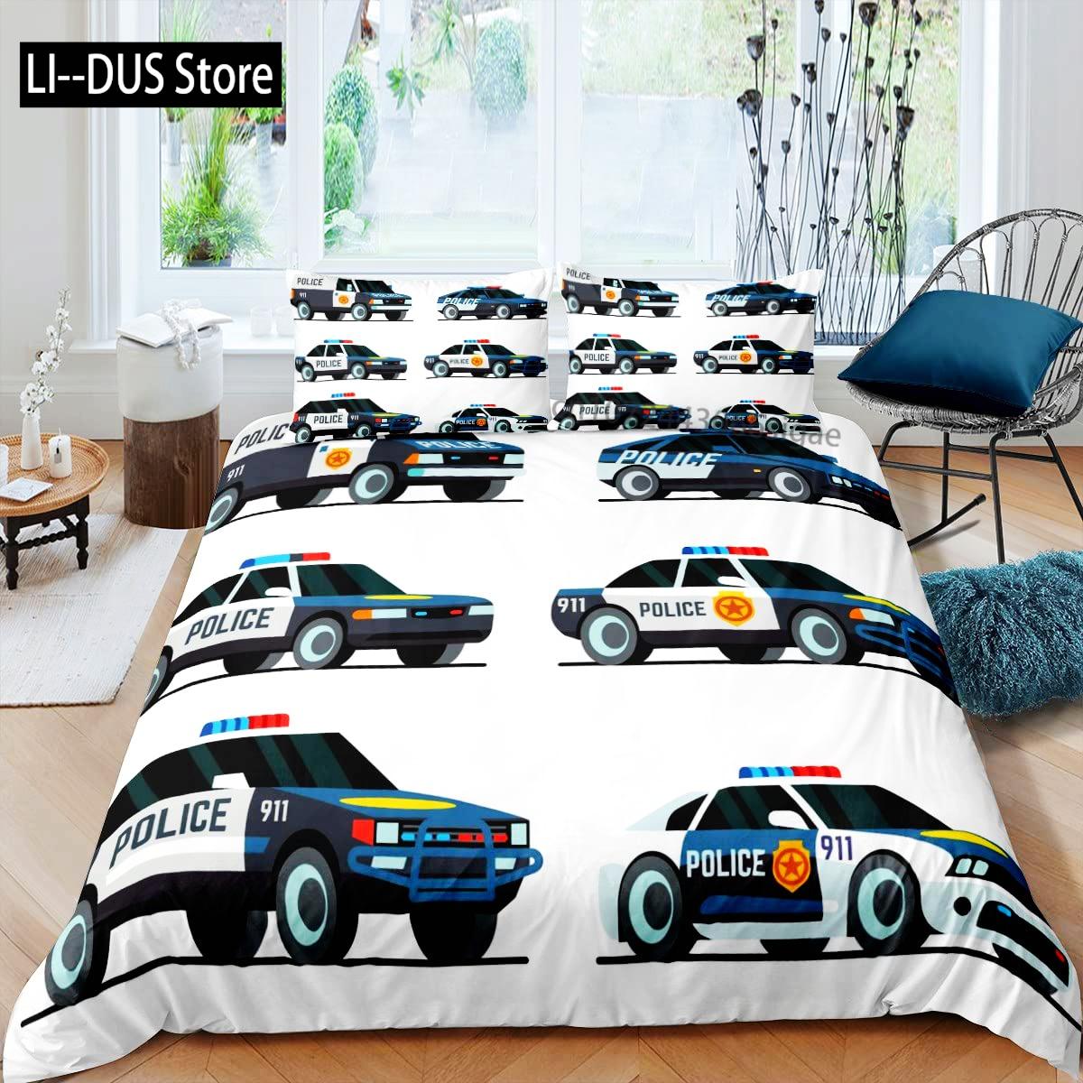 

Comforter Policeman Car Cartoon Police Car Bedding Set Boys Red Blue Cop Lights Polyester Queen King Room Decor Comforter (quilt)-EU Single(135*200cm)3pcs