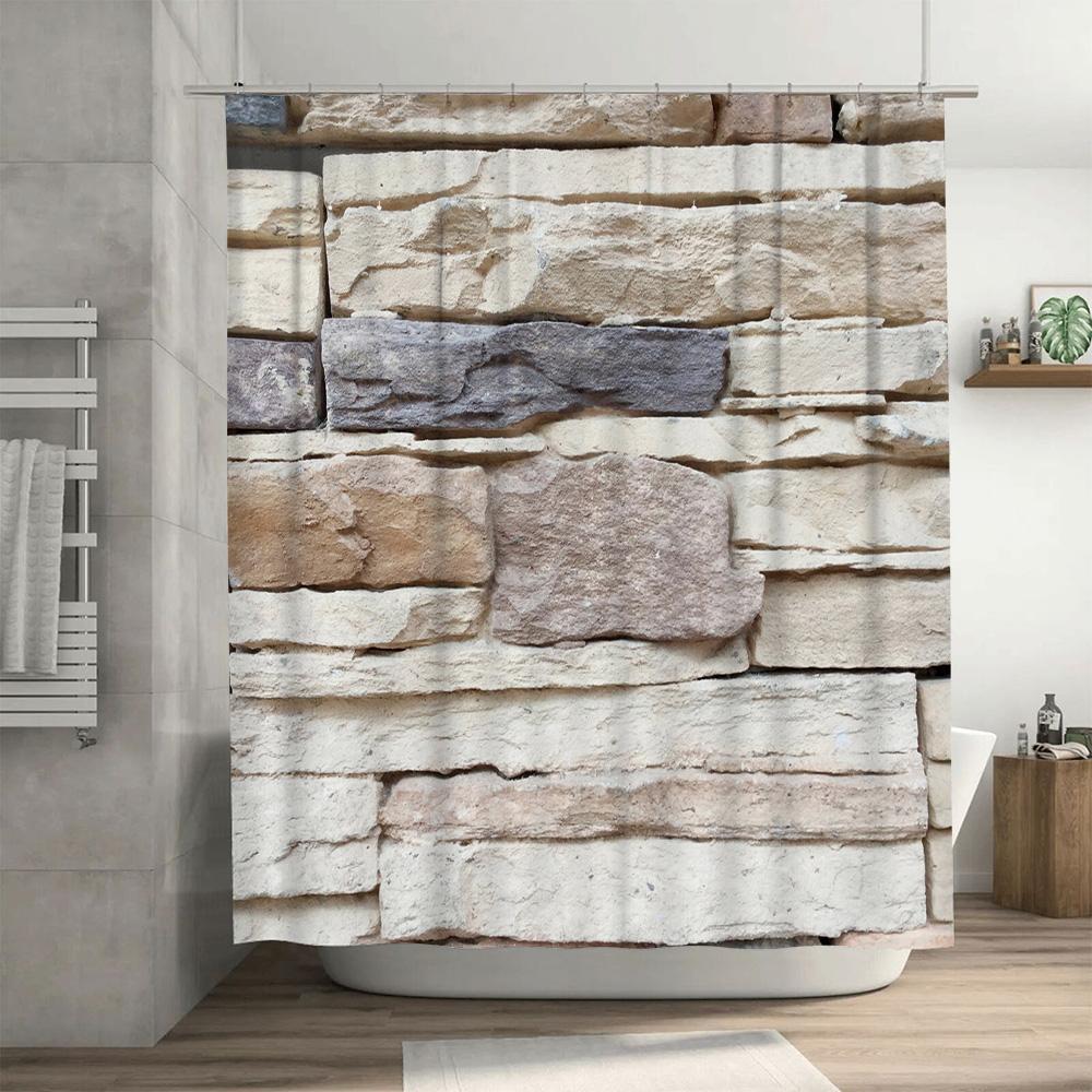 Stone Wall Print Shower Curtain Waterproof Bathroom Decor Waterproof Fabric Decorative Bath Mat Set Home Decor (White)